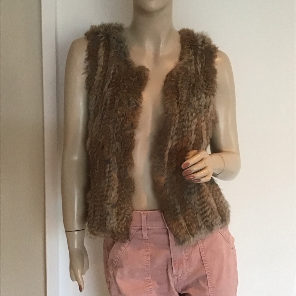 525 America Luxe Brown 100% Natural Rabbit Fur Open Front Vest‎ XS Apres Ski